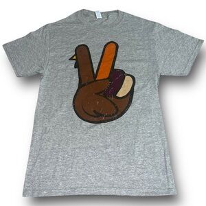 Thanksgiving Turkey Peace Sign Short Sleeve Graphic T-Shirt, Small, Gray, NWOT